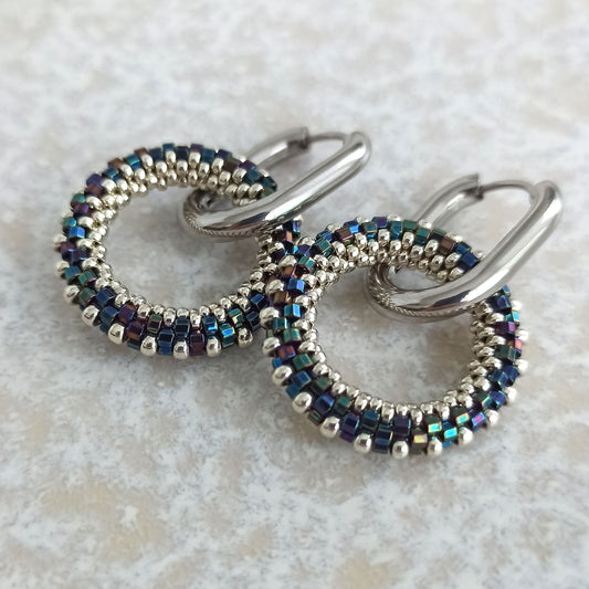 Náušnice 23 mm v tmavě modré a stříbrné barvě