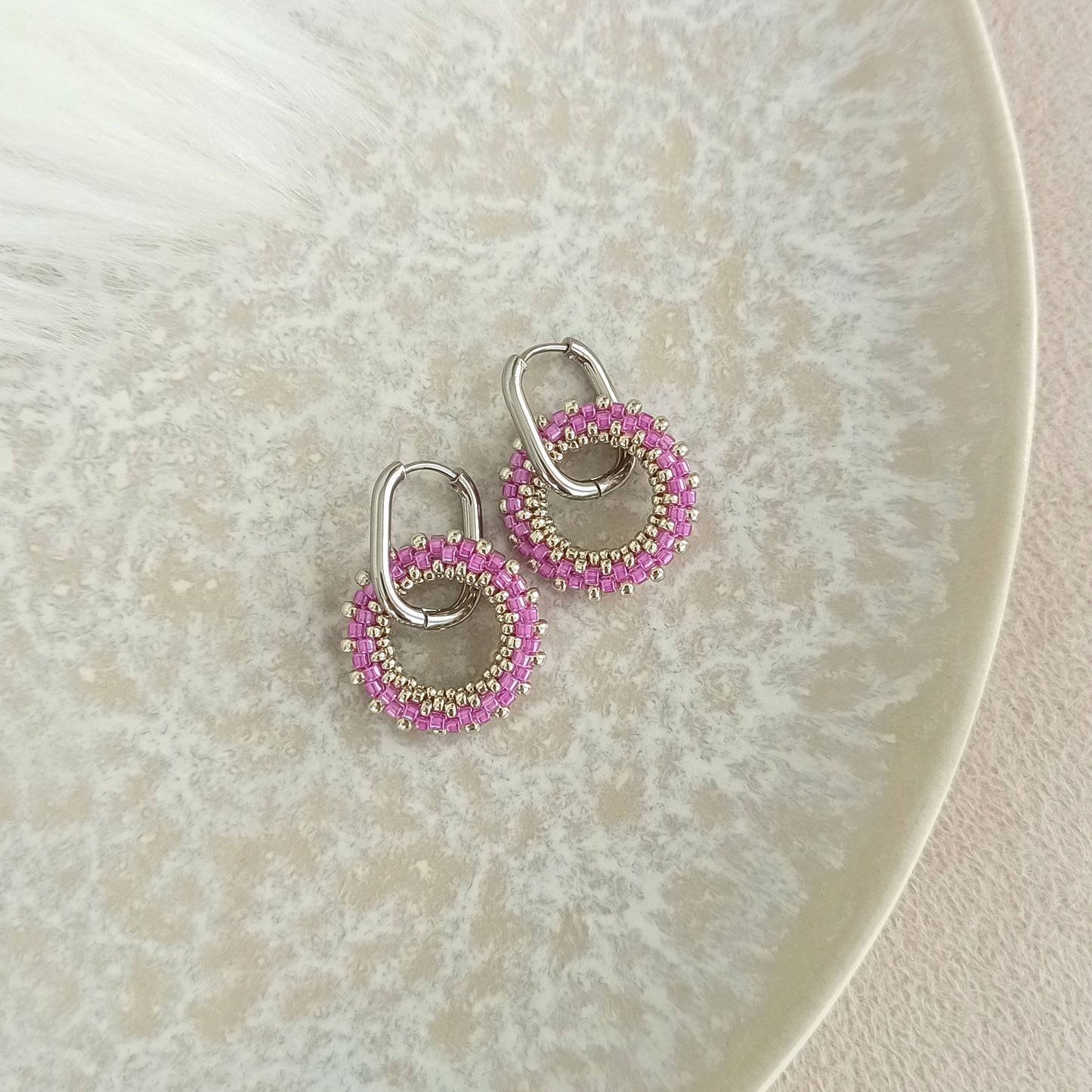 purple beaded hoop earrings silver handmade seed bead earrings