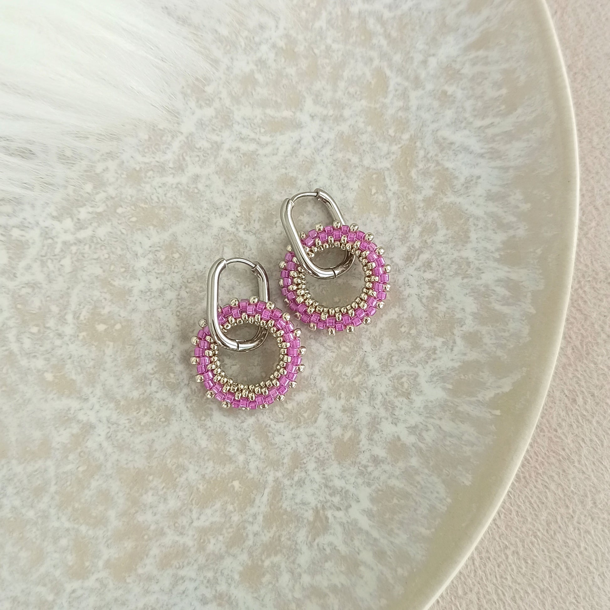 purple beaded hoop earrings silver handmade seed bead earrings