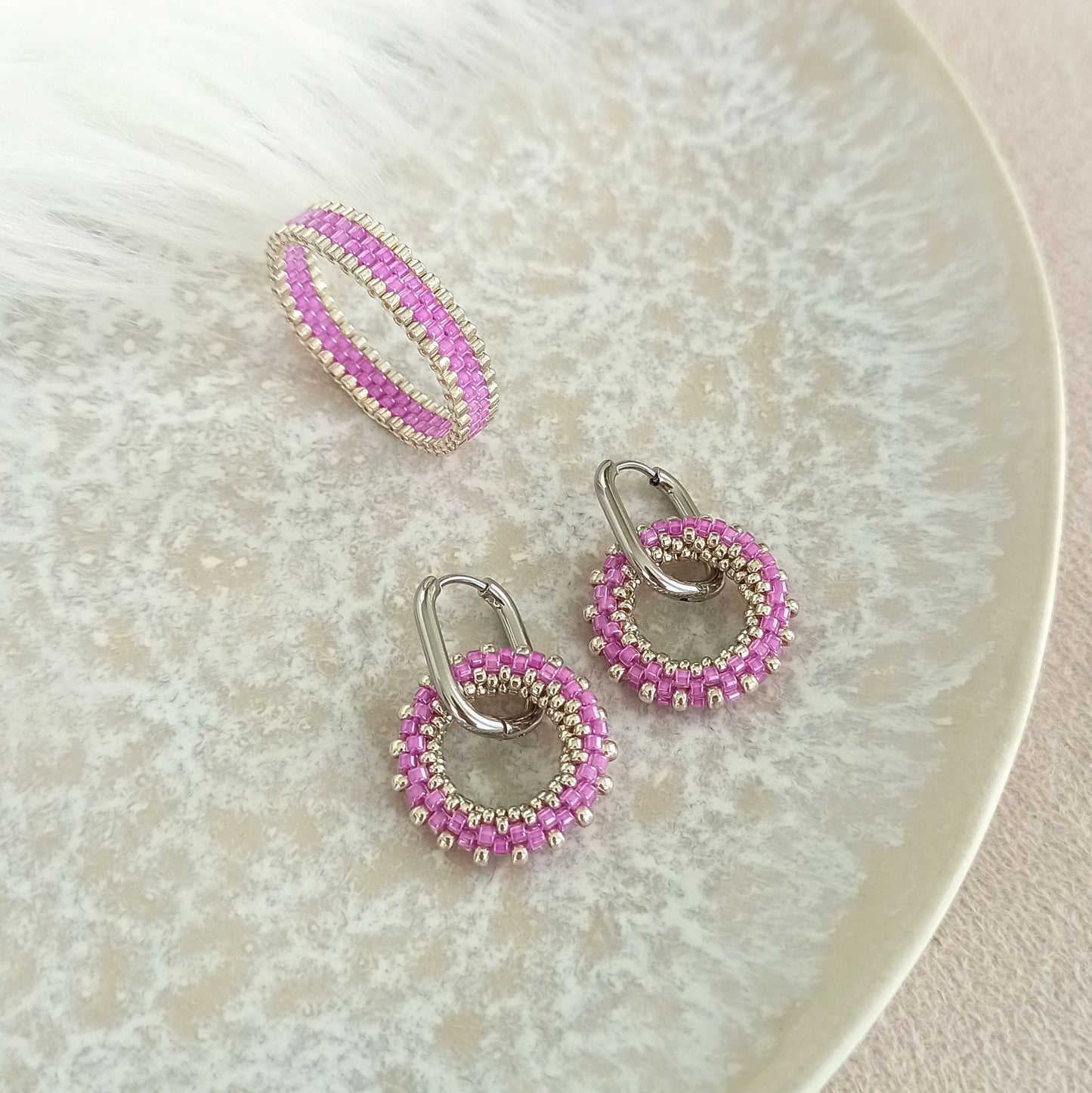 Purple beaded ring with silver | handmade Japanese seed bead ring
