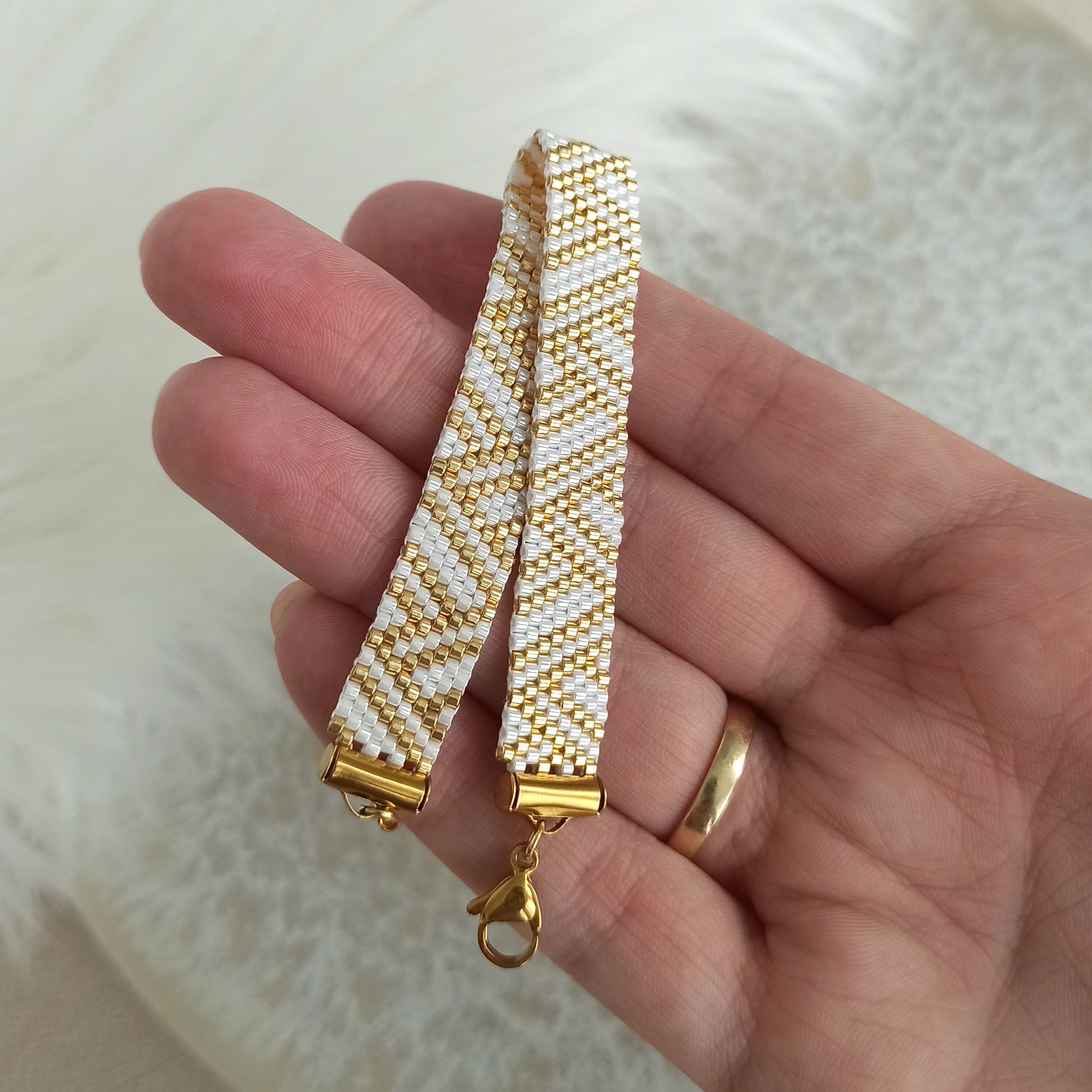 white gold beaded bracelet geometric pattern handmade seed bead bracelet